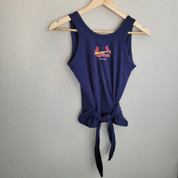 Cardinals Womens Tank Top XS Blue Red Logo Cotton Tie Front Wrap Sleeveless - Picture 1 of 9